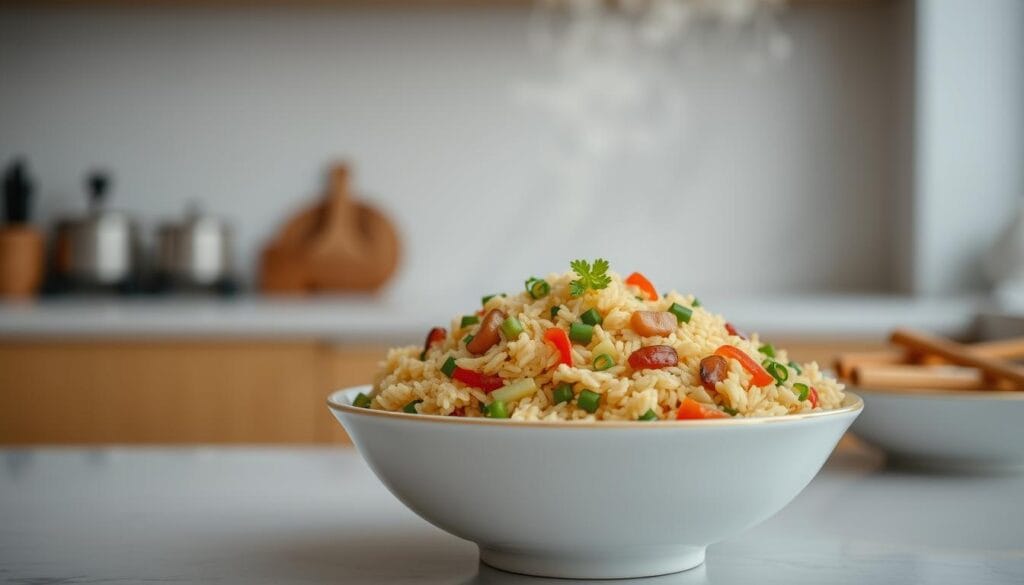 A steaming bowl of freshly made fried rice takes center stage, showcasing a vibrant medley of tender grains, diced vegetables, and succulent protein. The rice is lightly golden, with a hint of soy sauce and garlic aroma wafting from the dish. Surrounding the bowl, a clean, minimalist kitchen countertop sets the scene, conveying the effortless preparation of this quick and nourishing weeknight meal. Soft, diffused lighting from above casts a warm glow, creating an inviting and comforting atmosphere. The overall composition emphasizes the simplicity and approachability of this delicious fried rice recipe, perfectly suited for busy weeknights.