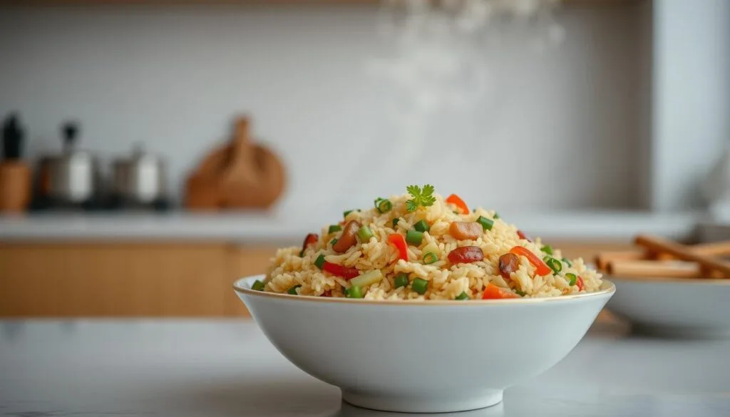 A steaming bowl of freshly made fried rice takes center stage, showcasing a vibrant medley of tender grains, diced vegetables, and succulent protein. The rice is lightly golden, with a hint of soy sauce and garlic aroma wafting from the dish. Surrounding the bowl, a clean, minimalist kitchen countertop sets the scene, conveying the effortless preparation of this quick and nourishing weeknight meal. Soft, diffused lighting from above casts a warm glow, creating an inviting and comforting atmosphere. The overall composition emphasizes the simplicity and approachability of this delicious fried rice recipe, perfectly suited for busy weeknights.