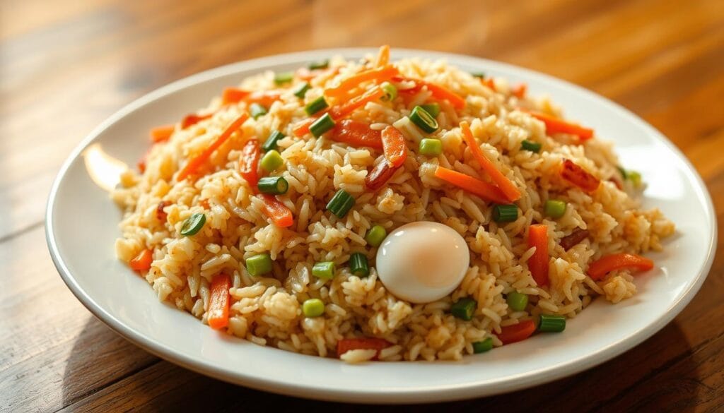 A steaming plate of authentic fried rice sits on a wooden table, the grains glistening with a light soy glaze. Crisp julienned carrots, peas, and scallions are interspersed throughout, providing pops of color and texture. The rice is cooked to a perfect balance of tender and slightly chewy, with a subtle wok-charred aroma. Soft-cooked eggs are folded in, their creamy yolks blending seamlessly with the rice. Warm, ambient lighting casts a golden glow, highlighting the dish's homestyle appeal. The composition is simple yet elegant, capturing the essence of traditional fried rice preparation and presentation.