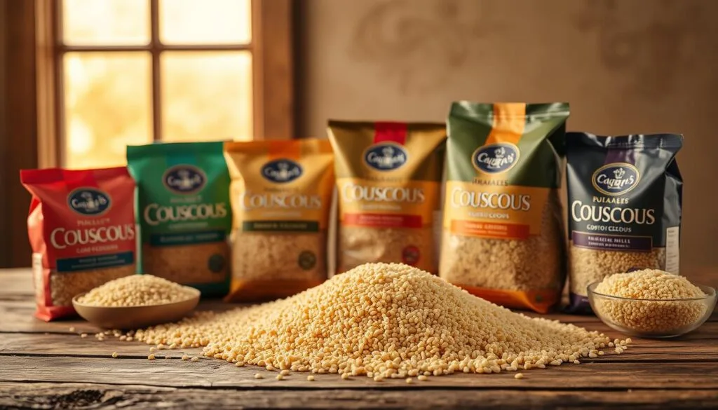 A still life showcase of the finest couscous brands, arranged artfully on a rustic wooden table. In the foreground, an assortment of couscous packets in various colors and textures, their packaging design highlighting the quality and origin of the grains. In the middle ground, a scatter of couscous grains, some whole, some milled, creating a textural contrast. Subtle backlighting from a window casts a warm, golden glow, accentuating the natural hues of the couscous. The background features a simple, earthy backdrop, allowing the couscous to take center stage. The overall composition conveys a sense of premium quality, craftsmanship, and the versatility of this staple ingredient.