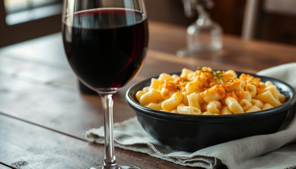 A succulent and creamy mac and cheese dish, the centerpiece of the frame. Steaming hot, with bubbling golden-brown cheese topping, beckoning to be savored. In the foreground, a glass of bold red wine, complementing the rich flavors. A rustic wooden table, with a simple linen napkin, sets the cozy, intimate scene. Soft, diffused lighting casts a warm glow, creating an inviting and comforting atmosphere. The background is blurred, allowing the mac and cheese to take center stage, the undisputed star of this culinary moment.