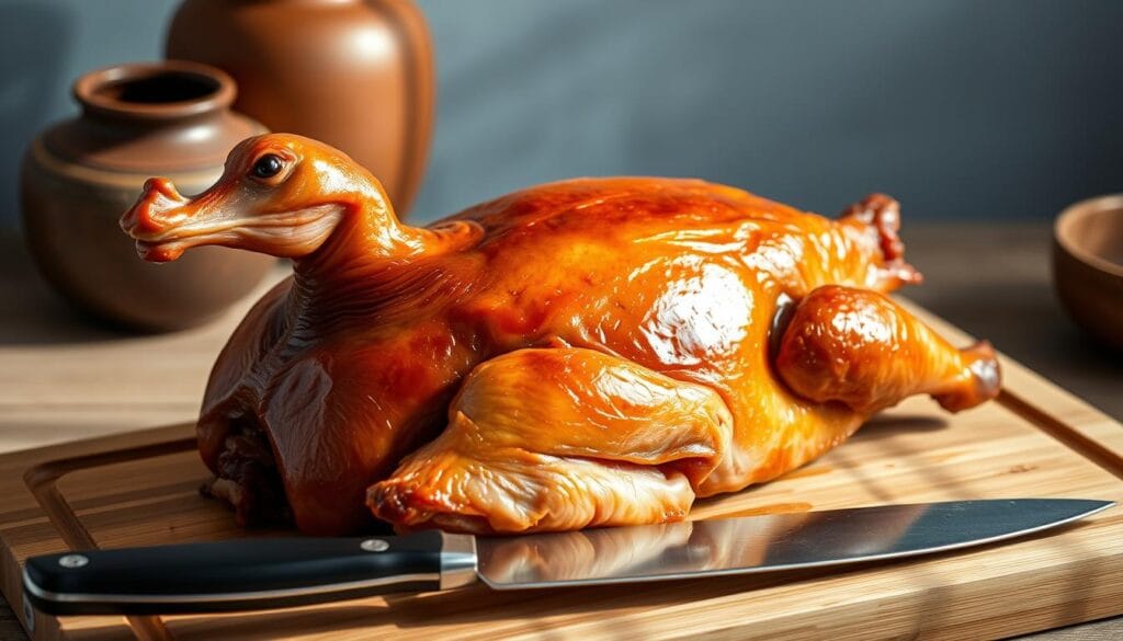 A succulent, free-range duck resting on a wooden cutting board, its golden-brown skin glistening under warm, natural lighting. The bird's plump body and slender neck reflect the ideal proportions for crafting the perfect Peking duck. A sharp carving knife stands at the ready, inviting the preparation of this iconic dish. The background features a minimal, understated setting, allowing the duck to be the central focus. Subtle hints of Chinese pottery or bamboo elements add a touch of cultural context, while maintaining a clean, uncluttered composition. A succulent, free-range duck resting on a wooden cutting board, its golden-brown skin glistening under warm, natural lighting. The bird's plump body and slender neck reflect the ideal proportions for crafting the perfect Peking duck. A sharp carving knife stands at the ready, inviting the preparation of this iconic dish. The background features a minimal, understated setting, allowing the duck to be the central focus. Subtle hints of Chinese pottery or bamboo elements add a touch of cultural context, while maintaining a clean, uncluttered composition.