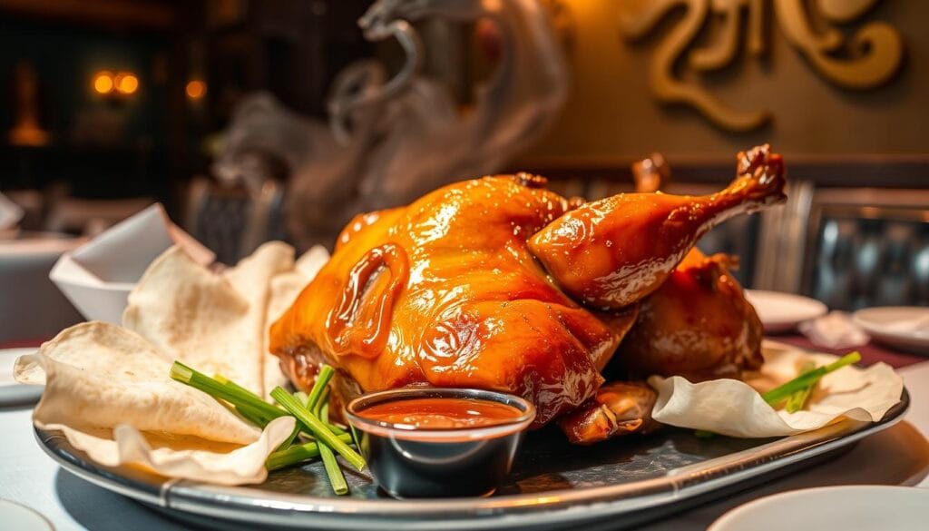 A sumptuous Peking duck dish presented in a dimly lit, traditional Beijing restaurant. The gleaming, golden-brown skin of the perfectly roasted duck glistens under warm, soft lighting, inviting the diner to savor its crisp texture and rich, succulent flavor. Delicate pancakes, freshly prepared scallions, and a tangy, homemade hoisin sauce are artfully arranged around the centerpiece, creating a visually striking and mouthwatering composition. The atmosphere exudes an aura of culinary mastery, with the restaurant's elegant decor and attentive service complementing the sublime dining experience.