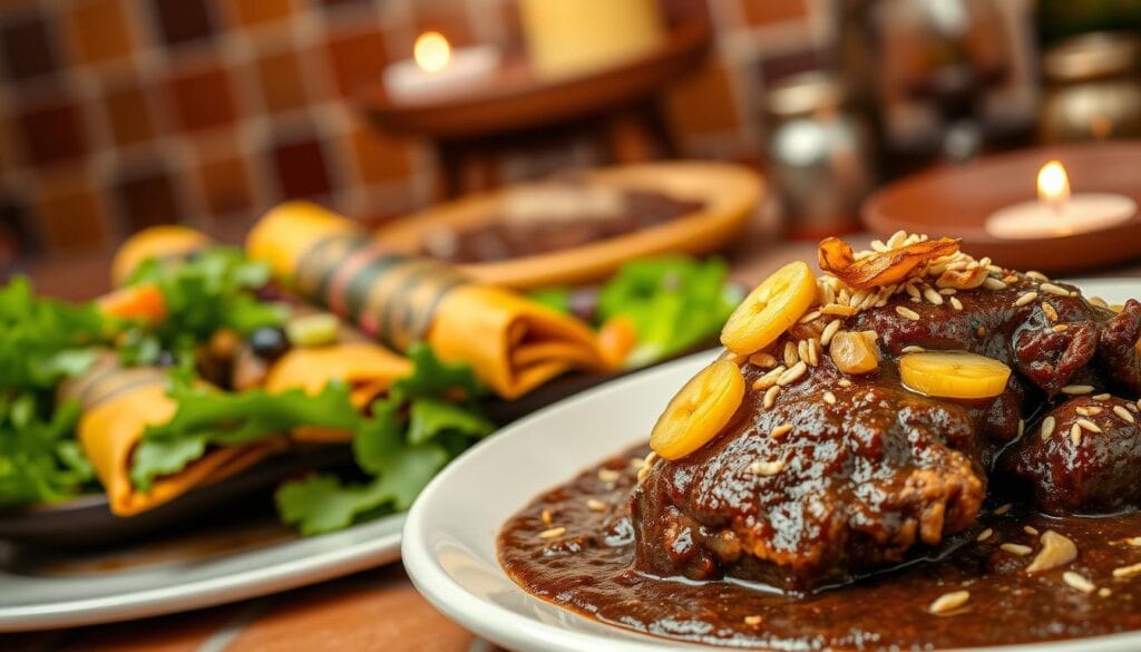 A sumptuous arrangement of Mexican dishes featuring the rich, complex flavors of mole poblano. In the foreground, a plate showcases tender chicken smothered in a thick, velvety mole sauce, garnished with crisp fried plantains and a scattering of toasted sesame seeds. In the middle ground, steaming tamales wrapped in banana leaves nestle alongside a vibrant green salad, the mole's depth of flavor complementing the fresh vegetables. The background hints at a rustic, cozy setting, with terracotta tiles, vibrant textiles, and the warm glow of candles illuminating the scene. The lighting is soft and natural, casting subtle shadows that accentuate the depth and texture of the dishes. The overall composition evokes the comforting, celebratory essence of traditional Mexican cuisine.
