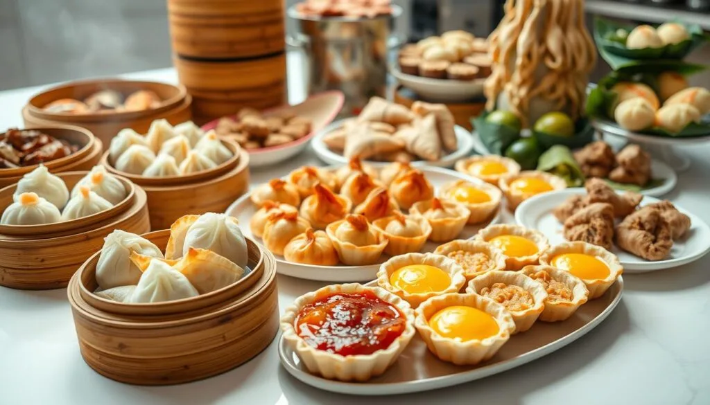 A sumptuous arrangement of popular dim sum dishes on a white tabletop. In the foreground, an assortment of bamboo steamer baskets filled with fluffy pork buns, delicate shrimp dumplings, and savory beef rolls. The middle ground showcases a platter of delicate egg tarts, their flaky crusts and silky custard filling glistening under the soft, diffused lighting. In the background, a tower of steaming chicken feet and fragrant lotus leaf-wrapped rice dishes round out the diverse spread. The image captures the vibrant colors, intricate textures, and mouthwatering appeal of this quintessential Chinese culinary experience.
