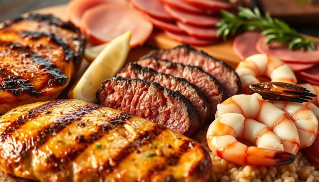A sumptuous display of the finest proteins to complement Risotto alla Milanese. In the foreground, a juicy grilled chicken breast, its golden-brown skin glistening under warm studio lighting. In the middle ground, thick slices of pan-seared beef tenderloin, their edges seared to perfection. Alongside, succulent sautéed shrimp, their pink hues accented by a squeeze of lemon. The background features a selection of Italian charcuterie - thinly sliced prosciutto, salami, and mortadella, arranged artfully on a rustic wooden board. The overall scene exudes an air of sophistication and culinary expertise, perfectly suited to elevate the classic Milanese risotto.