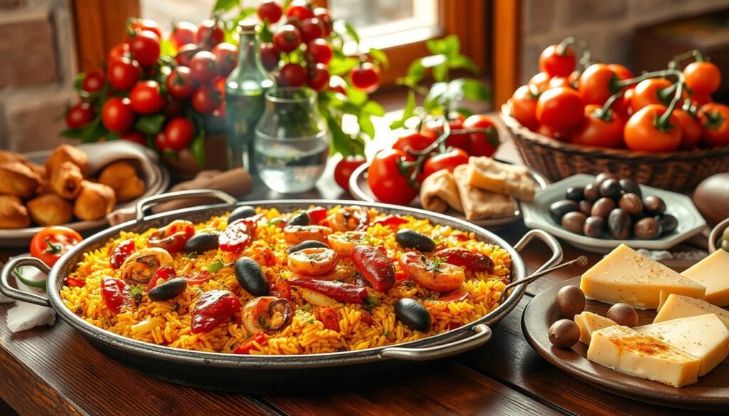 A sumptuous spread of classic Spanish dishes, captured in exquisite detail. On a rustic wooden table, a vibrant paella with saffron-infused rice, succulent seafood, and vegetables, surrounded by tapas plates brimming with savory croquetas, glistening Manchego cheese, and briny olives. In the background, a vibrant bouquet of crimson-hued pimientos de Padrón peppers and lush tomatoes, bathed in warm Mediterranean sunlight filtering through a window. The scene exudes the rich, bold flavors and convivial atmosphere that define the heart of Spanish cuisine. A sumptuous spread of classic Spanish dishes, captured in exquisite detail. On a rustic wooden table, a vibrant paella with saffron-infused rice, succulent seafood, and vegetables, surrounded by tapas plates brimming with savory croquetas, glistening Manchego cheese, and briny olives. In the background, a vibrant bouquet of crimson-hued pimientos de Padrón peppers and lush tomatoes, bathed in warm Mediterranean sunlight filtering through a window. The scene exudes the rich, bold flavors and convivial atmosphere that define the heart of Spanish cuisine.