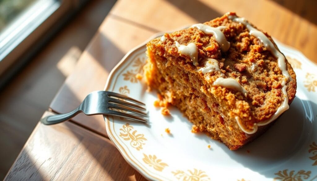 A sun-dappled wooden table, a delicate china plate bearing a generous slice of homemade carrot cake. The moist, golden cake glistens with a light glaze, flecked with vibrant orange shreds of carrot and cinnamon-spiced crumbs. A fork rests next to the cake, poised to take the first bite, revealing the cake's moist, fluffy interior. Soft, natural lighting filters through a nearby window, casting a warm, inviting glow over the scene. The overall mood is one of comfort, indulgence, and the simple pleasure of sharing a beloved homemade dessert.