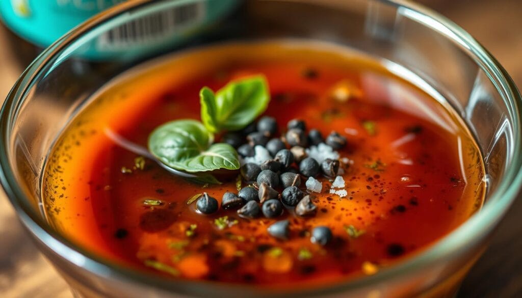 A tantalizing, freshly prepared dressing glistens in a stylish glass bowl, its vibrant colors and textures capturing the eye. In the foreground, a medley of premium extra virgin olive oil, rich balsamic vinegar, and fragrant herbs - basil, oregano, and thyme - are artfully combined, creating a visually appealing and flavorful composition. The middle ground features a sprinkle of crushed black peppercorns and a pinch of sea salt, adding depth and complexity to the dressing. The background is softly blurred, allowing the dressing to take center stage, illuminated by warm, directional lighting that casts subtle shadows, enhancing the depth and dimension of the scene. The overall mood is one of culinary sophistication and mouthwatering anticipation.