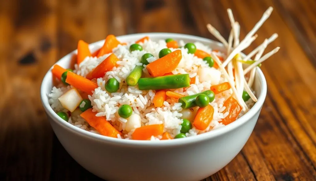 A tempting arrangement of freshly steamed white rice, sautéed carrots, peas, bell peppers, and bean sprouts, glistening under the warm glow of a soft lighting setup. The vegetables are perfectly cooked, retaining their vibrant colors and crisp textures. A light soy sauce-based seasoning blends harmoniously, creating a savory aroma that fills the frame. The dish is presented in a clean, modern ceramic bowl, placed on a rustic wooden surface, conveying a sense of wholesome, homemade comfort. The overall composition evokes a healthy, delicious, and visually appealing vegetable fried rice dish, suitable for the "Vegetable Fried Rice: A Healthy Option" section of the article.