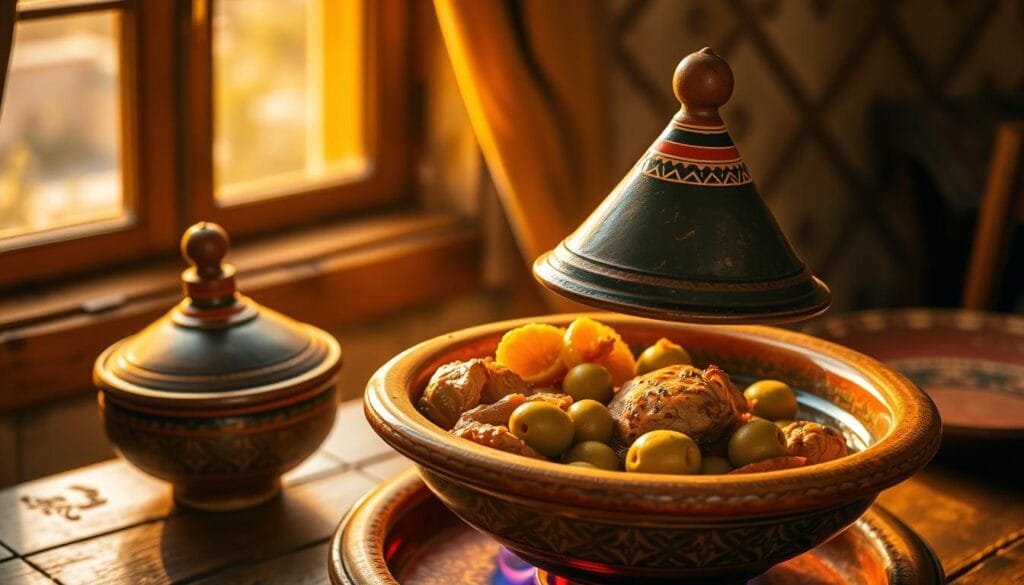 A traditional Moroccan tagine, a conical earthenware pot with a distinctive lid, sits atop a rustic wooden table. The tagine is filled with a fragrant stew of chicken, preserved lemons, and green olives, simmering gently over a flickering flame. Warm, golden light filters through the window, casting a cozy glow on the scene. The intricate patterns and glazes of the tagine vessel are accentuated, highlighting the craftsmanship and the rich culinary heritage of Morocco. The overall atmosphere evokes a sense of cultural authenticity and the comforting aromas of a home-cooked Moroccan meal.