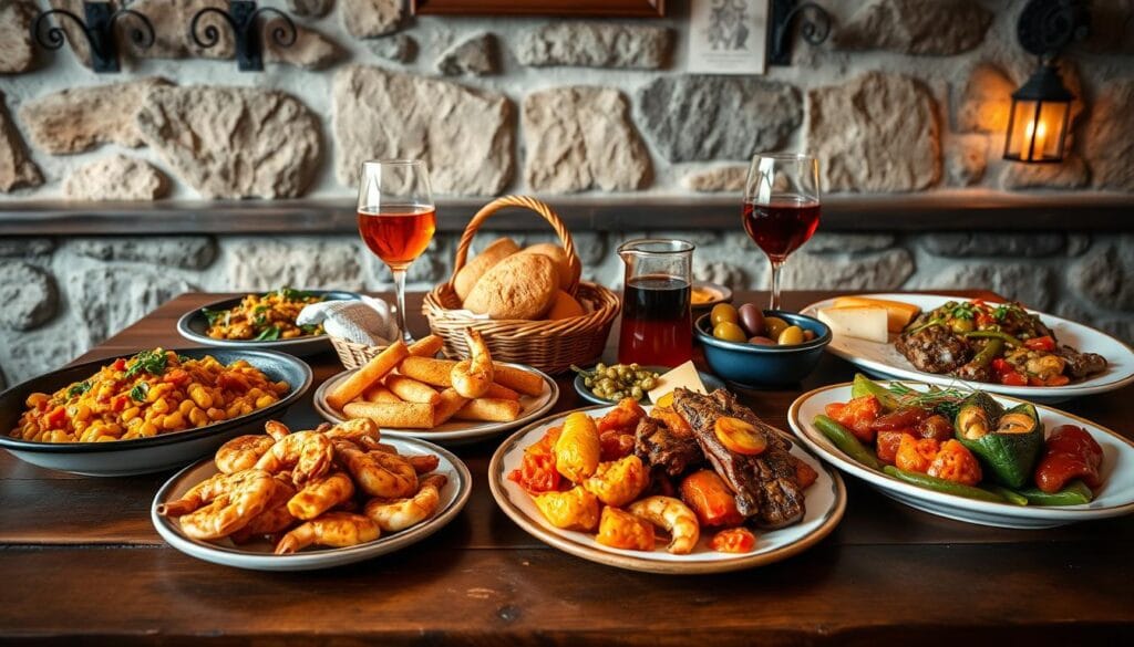 A traditional Spanish dinner menu, presented on a rustic wooden table. In the foreground, artfully arranged plates showcase an array of authentic dishes: flavorful paella, sizzling garlic shrimp, hearty beef stew, and vibrant vegetable-stuffed peppers. In the middle ground, a basket of crusty bread, a pitcher of sangria, and an assortment of Spanish olives and cheeses. The background features a stone wall with wrought-iron sconces, casting a warm, amber glow across the scene. The entire composition evokes the cozy ambiance of a family-owned tapas bar in the heart of Madrid, inviting the viewer to savor the rich, time-honored culinary traditions of Spain.