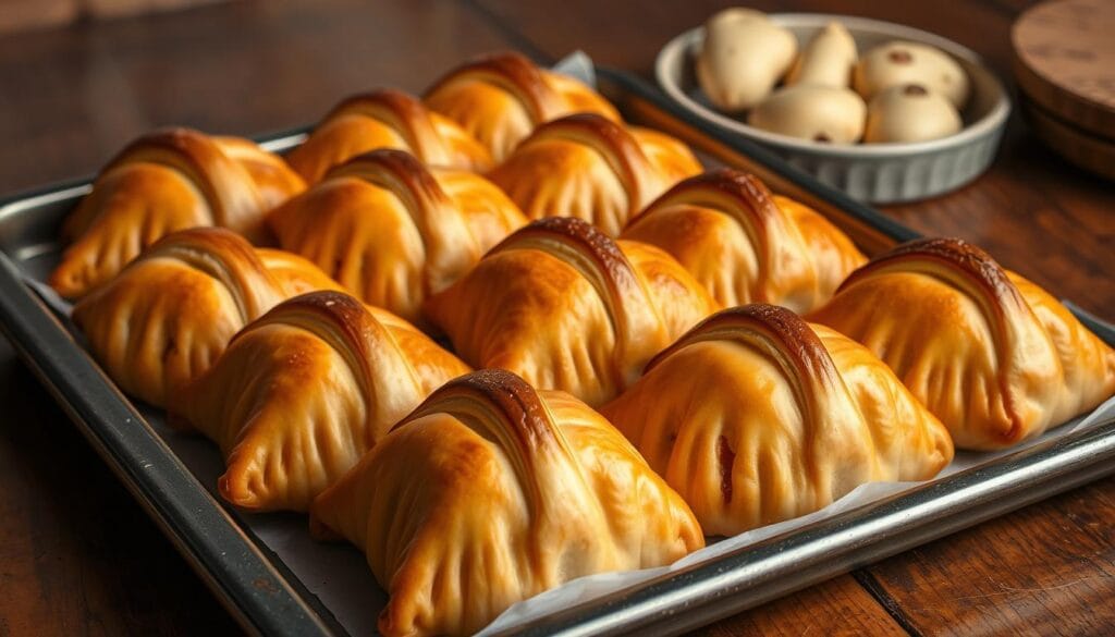 A tray of freshly baked briouats takes center stage, their golden-brown crusts glistening under the warm, soft lighting. The savory and sweet pastries are arranged artfully, their intricate folds and shapes showcasing the skilled craftsmanship. In the background, a rustic, wooden surface sets the scene, hinting at the traditional preparation methods. The image exudes a sense of comfort and home-cooked goodness, inviting the viewer to imagine the delightful flavors and textures of these delectable Moroccan delights.