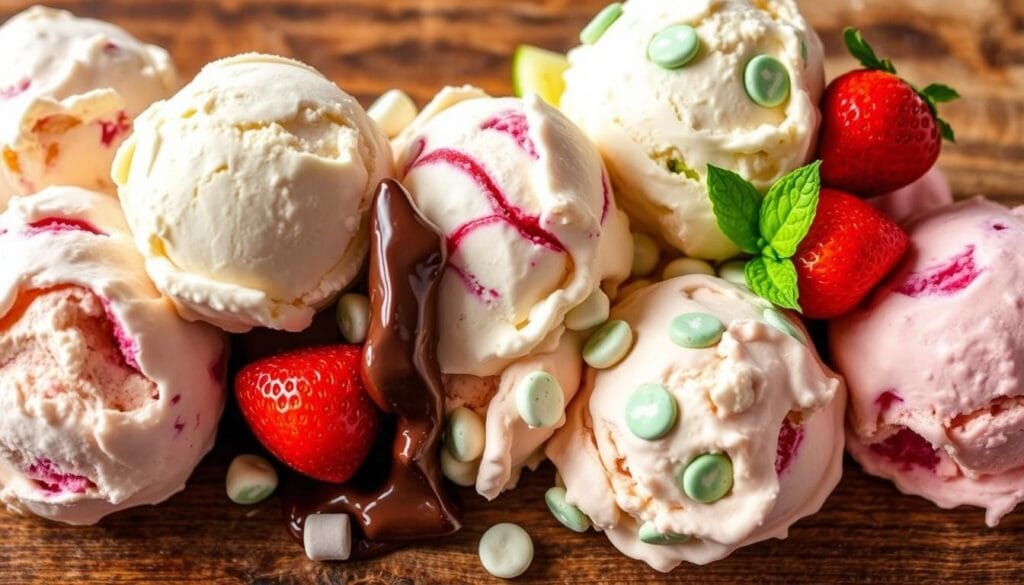 A vibrant and appetizing array of ice cream scoops in a variety of enticing flavors, including classic vanilla, rich chocolate, creamy strawberry, and refreshing mint chip. The ice cream scoops are arranged artfully on a wooden surface, with a warm, natural lighting highlighting their shimmering textures and vibrant colors. The scene conveys a sense of indulgence and the promise of a delightful homemade ice cream cake, perfect for the "Essential Ingredients for Ice Cream Cake" section of the article. A vibrant and appetizing array of ice cream scoops in a variety of enticing flavors, including classic vanilla, rich chocolate, creamy strawberry, and refreshing mint chip. The ice cream scoops are arranged artfully on a wooden surface, with a warm, natural lighting highlighting their shimmering textures and vibrant colors. The scene conveys a sense of indulgence and the promise of a delightful homemade ice cream cake, perfect for the "Essential Ingredients for Ice Cream Cake" section of the article.