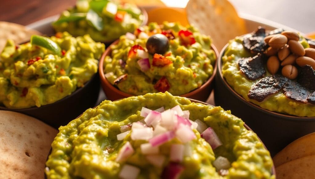 A vibrant arrangement of homemade guacamole variations, each a unique blend of creamy avocado, bold spices, and tantalizing textures. In the foreground, a rich, emerald-green guacamole is infused with fiery chipotle and tangy lime, garnished with crisp, diced red onion. In the middle, a zesty guacamole with vibrant cilantro, fragrant cumin, and a hint of jalapeño heat. Towards the back, a smoky, charred guacamole accented with roasted tomatillos and toasted pepitas. Warm, golden lighting casts a inviting glow, highlighting the depth of color and the alluring, creamy consistency of each variation. Shot from a low, close-up angle to showcase the enticing, handcrafted details. A vibrant arrangement of homemade guacamole variations, each a unique blend of creamy avocado, bold spices, and tantalizing textures. In the foreground, a rich, emerald-green guacamole is infused with fiery chipotle and tangy lime, garnished with crisp, diced red onion. In the middle, a zesty guacamole with vibrant cilantro, fragrant cumin, and a hint of jalapeño heat. Towards the back, a smoky, charred guacamole accented with roasted tomatillos and toasted pepitas. Warm, golden lighting casts a inviting glow, highlighting the depth of color and the alluring, creamy consistency of each variation. Shot from a low, close-up angle to showcase the enticing, handcrafted details.