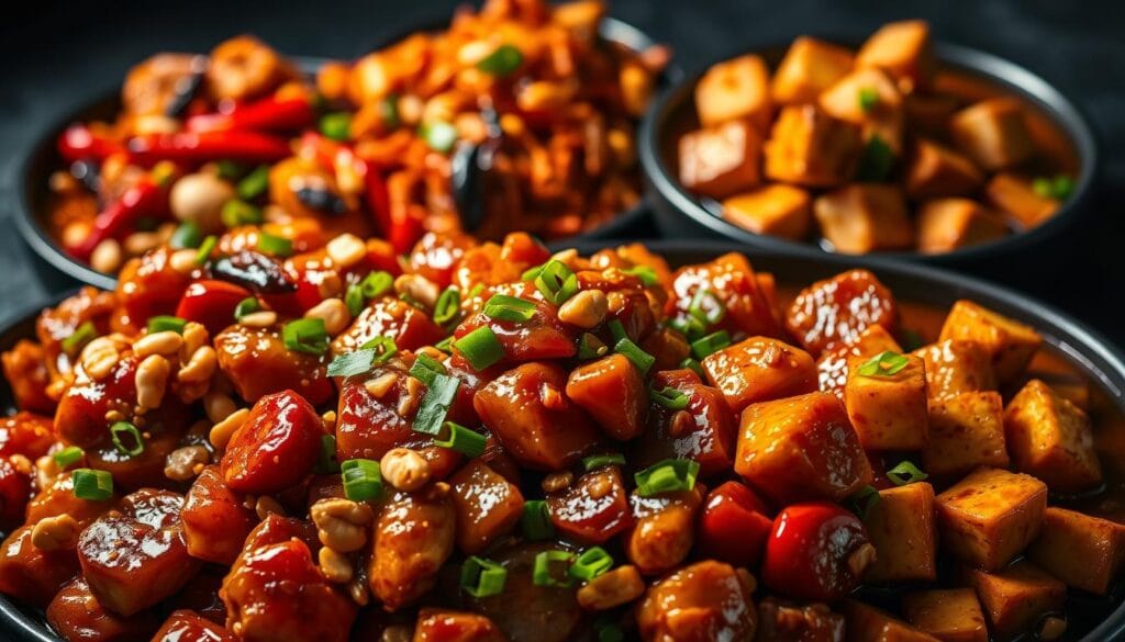 A vibrant arrangement of various interpretations of the classic Kung Pao chicken dish. In the foreground, succulent chicken tossed in a rich, tangy sauce, garnished with crunchy peanuts and scallions. The middle ground showcases a spicy version with extra dried chili peppers, while a healthier baked variant sits adjacent, infused with aromatic spices. In the background, a contemporary take features cubes of tofu in place of chicken, swimming in a fragrant, glistening sauce. Dramatic, moody lighting casts dramatic shadows, heightening the textural contrasts. Captured with a wide-angle lens to emphasize the diversity of these Kung Pao chicken variations.