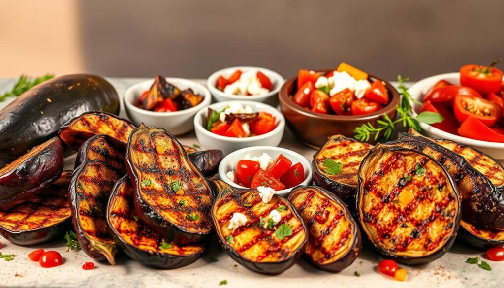 A vibrant still life showcasing an array of Zaalouk variations. In the foreground, a variety of grilled and roasted eggplant wedges in rich shades of purple and crimson, dressed in a lively blend of spices, herbs, and olive oil. In the middle ground, small dishes hold complementary ingredients like charred tomatoes, roasted peppers, minced garlic, and crumbled feta. Soft, warm lighting bathes the scene, casting gentle shadows and highlighting the textural contrasts. The background features a simple, neutral backdrop, allowing the flavorful Zaalouk dishes to take center stage. An inviting, sensory-driven composition that captures the essence of Moroccan eggplant appetizer creativity. A vibrant still life showcasing an array of Zaalouk variations. In the foreground, a variety of grilled and roasted eggplant wedges in rich shades of purple and crimson, dressed in a lively blend of spices, herbs, and olive oil. In the middle ground, small dishes hold complementary ingredients like charred tomatoes, roasted peppers, minced garlic, and crumbled feta. Soft, warm lighting bathes the scene, casting gentle shadows and highlighting the textural contrasts. The background features a simple, neutral backdrop, allowing the flavorful Zaalouk dishes to take center stage. An inviting, sensory-driven composition that captures the essence of Moroccan eggplant appetizer creativity.