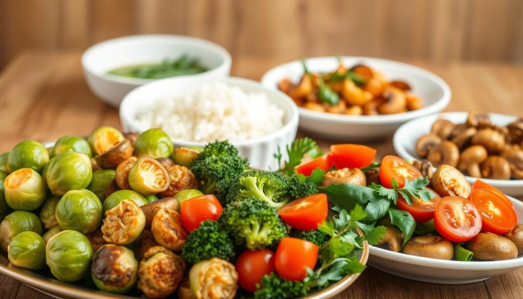A vibrant still life showcasing an assortment of easy side dishes perfect for pairing with a classic stir-fried tomato and egg meal. In the foreground, a platter displays a variety of colorful and texturally diverse offerings - roasted brussels sprouts, steamed broccoli florets, and a garden salad with crisp greens, juicy cherry tomatoes, and a tangy vinaigrette dressing. In the middle ground, a bowl of fragrant jasmine rice and a plate of sautéed mushrooms in a garlic-infused sauce. The background features a wooden table setting with a simple, minimalist aesthetic, allowing the vibrant colors and textures of the side dishes to take center stage. Soft, natural lighting illuminates the scene, creating a warm and inviting atmosphere.