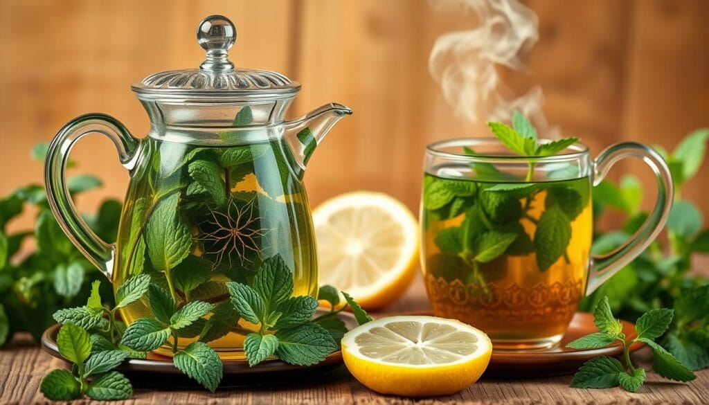 A vibrant still life showcasing the health benefits of Moroccan mint tea. In the foreground, a transparent glass teapot filled with steaming mint-infused tea, its aroma wafting through the air. Surrounding it, an array of fresh mint leaves, green and fragrant, along with a few slices of lemon to accent the bright, refreshing flavors. In the middle ground, a traditional Moroccan teacup, ornately decorated in rich, earthy tones, waiting to be filled with the soothing, restorative beverage. The background features a warm, natural wood surface, complemented by soft, diffused lighting that casts a gentle glow over the scene, evoking a sense of comfort and tranquility. The overall composition celebrates the health-promoting properties of this beloved Moroccan tradition.