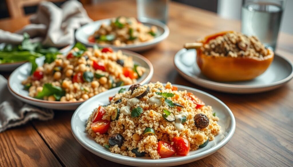 A visually appealing, high-resolution image depicting a selection of healthy couscous dishes. In the foreground, a plate showcases a colorful mix of couscous with roasted vegetables, such as zucchini, bell peppers, and cherry tomatoes, drizzled with a light tahini-based dressing. The middle ground features additional couscous-based dishes, including a salad with chickpeas, fresh herbs, and a lemon vinaigrette, and a couscous-stuffed bell pepper. In the background, a wooden table setting with linen napkins and a glass of water or iced tea completes the scene, conveying a sense of freshness and nutritious simplicity. The lighting is soft and natural, highlighting the vibrant colors and textures of the dishes. The camera angle is slightly elevated, providing a visually appealing and appetizing perspective.