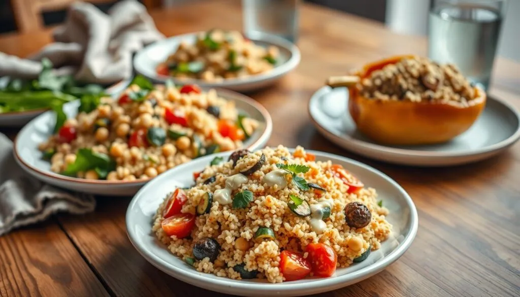 A visually appealing, high-resolution image depicting a selection of healthy couscous dishes. In the foreground, a plate showcases a colorful mix of couscous with roasted vegetables, such as zucchini, bell peppers, and cherry tomatoes, drizzled with a light tahini-based dressing. The middle ground features additional couscous-based dishes, including a salad with chickpeas, fresh herbs, and a lemon vinaigrette, and a couscous-stuffed bell pepper. In the background, a wooden table setting with linen napkins and a glass of water or iced tea completes the scene, conveying a sense of freshness and nutritious simplicity. The lighting is soft and natural, highlighting the vibrant colors and textures of the dishes. The camera angle is slightly elevated, providing a visually appealing and appetizing perspective. A visually appealing, high-resolution image depicting a selection of healthy couscous dishes. In the foreground, a plate showcases a colorful mix of couscous with roasted vegetables, such as zucchini, bell peppers, and cherry tomatoes, drizzled with a light tahini-based dressing. The middle ground features additional couscous-based dishes, including a salad with chickpeas, fresh herbs, and a lemon vinaigrette, and a couscous-stuffed bell pepper. In the background, a wooden table setting with linen napkins and a glass of water or iced tea completes the scene, conveying a sense of freshness and nutritious simplicity. The lighting is soft and natural, highlighting the vibrant colors and textures of the dishes. The camera angle is slightly elevated, providing a visually appealing and appetizing perspective.