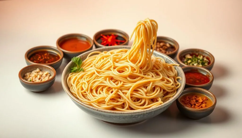 A visually-striking still life arrangement showcasing an array of fresh Chinese noodles harmoniously paired with a selection of vibrant, aromatic sauces. The noodles, cooked to an al dente perfection, are artfully arranged in a shallow bowl, their delicate textures and intricate shapes inviting the viewer to imagine their delicious flavor. Surrounding the noodles, an assortment of dipping sauces in various hues - from a rich, glossy soy-based sauce to a bright, vivid chili oil - are presented in small ceramic dishes, their complex flavors and condiments complementing the noodles. Warm, diffused lighting bathes the scene, accentuating the appetizing colors and textures, while a simple, minimalist background allows the noodles and sauces to take center stage. The overall composition conveys a sense of culinary harmony and the mouthwatering potential of expertly pairing Chinese noodles with the perfect accompaniment of sauces.