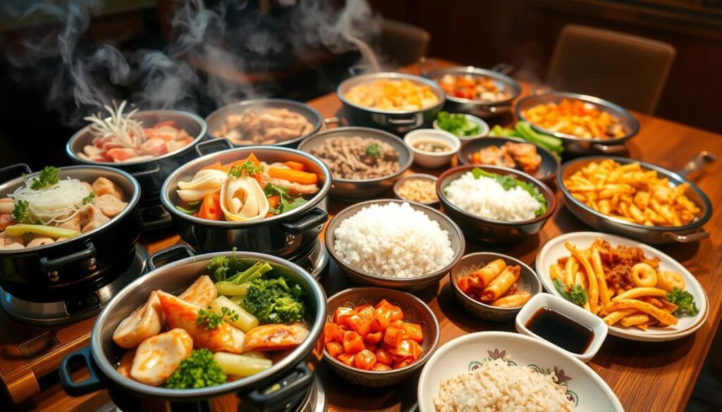 A visually stunning display of popular hot pot dishes, meticulously arranged on a wooden table. The foreground features an array of vibrant, steaming hot pots, each brimming with a variety of fresh ingredients - tender slices of meat, delicate seafood, crisp vegetables, and fragrant herbs. The middle ground showcases complementary side dishes, such as fluffy white rice, colorful dipping sauces, and delicate garnishes. The background is softly lit, with a warm, cozy ambiance, highlighting the inviting and comforting nature of this authentic Chinese culinary experience. Captured with a wide-angle lens, the image conveys the depth and richness of these beloved hot pot recipes, inviting the viewer to immerse themselves in the flavors of this age-old tradition. A visually stunning display of popular hot pot dishes, meticulously arranged on a wooden table. The foreground features an array of vibrant, steaming hot pots, each brimming with a variety of fresh ingredients - tender slices of meat, delicate seafood, crisp vegetables, and fragrant herbs. The middle ground showcases complementary side dishes, such as fluffy white rice, colorful dipping sauces, and delicate garnishes. The background is softly lit, with a warm, cozy ambiance, highlighting the inviting and comforting nature of this authentic Chinese culinary experience. Captured with a wide-angle lens, the image conveys the depth and richness of these beloved hot pot recipes, inviting the viewer to immerse themselves in the flavors of this age-old tradition.