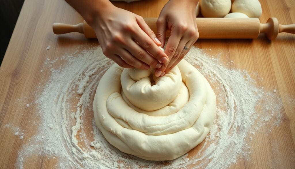 A well-lit, high-angle shot of a wooden kitchen counter, the surface covered in a light dusting of flour. In the foreground, a skilled pair of hands kneading and folding a mound of soft, pillowy dough, gently stretching and manipulating it to create layers. Behind, a rolling pin and a pile of freshly made msemen dough balls, ready to be rolled out and cooked. The overall scene conveys a sense of focused, methodical preparation, capturing the care and attention to detail required to craft this traditional Moroccan flatbread. A well-lit, high-angle shot of a wooden kitchen counter, the surface covered in a light dusting of flour. In the foreground, a skilled pair of hands kneading and folding a mound of soft, pillowy dough, gently stretching and manipulating it to create layers. Behind, a rolling pin and a pile of freshly made msemen dough balls, ready to be rolled out and cooked. The overall scene conveys a sense of focused, methodical preparation, capturing the care and attention to detail required to craft this traditional Moroccan flatbread.