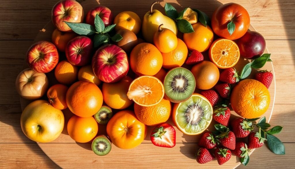 A well-lit, high-angle shot of a wooden table covered in a variety of fresh, ripe fruits, including apples, pears, oranges, kiwis, and strawberries. The fruits are arranged in a visually appealing manner, showcasing their vibrant colors and textures. Soft, natural lighting casts gentle shadows, accentuating the three-dimensional quality of the scene. The background is a simple, clean backdrop, allowing the focus to remain on the carefully selected fruits. The overall mood is one of freshness, quality, and the perfect ingredients for a delightful tanghulu treat. A well-lit, high-angle shot of a wooden table covered in a variety of fresh, ripe fruits, including apples, pears, oranges, kiwis, and strawberries. The fruits are arranged in a visually appealing manner, showcasing their vibrant colors and textures. Soft, natural lighting casts gentle shadows, accentuating the three-dimensional quality of the scene. The background is a simple, clean backdrop, allowing the focus to remain on the carefully selected fruits. The overall mood is one of freshness, quality, and the perfect ingredients for a delightful tanghulu treat.