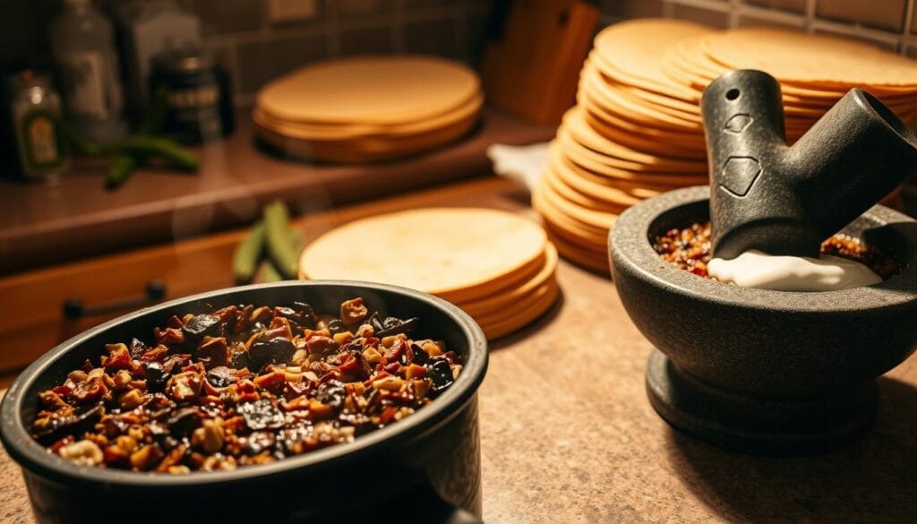 A well-lit kitchen counter showcases the traditional preparation of mole poblano. In the foreground, a meticulously chopped blend of dried chiles, nuts, spices, and aromatics simmers in a large pot, releasing a rich, fragrant aroma. The middle ground features a stone molcajete, or mortar and pestle, where toasted ingredients are being ground into a smooth, velvety paste. In the background, a stack of freshly-cooked tortillas and a side of crema await to accompany the iconic Mexican sauce. Warm, golden lighting casts a comforting glow, capturing the essence of this time-honored culinary ritual.