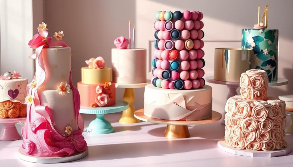 A whimsical collection of alternative birthday cake designs, featuring vibrant hues, playful textures, and imaginative shapes. In the foreground, a towering cake with cascading ribbons and delicate sugar flowers. In the middle ground, an abstract cake with bold geometric patterns, casting soft shadows across the table. The background showcases a variety of unconventional cakes, from a delicate macaron tower to a mesmerizing mirror glaze creation, all bathed in soft, diffused lighting that highlights their unique beauty. The scene exudes a sense of joyful celebration, inspiring viewers to consider bespoke options for their next birthday bash.