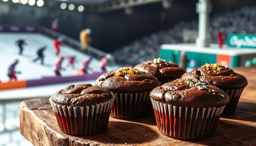 An artfully composed image of freshly baked Olympics chocolate muffins. The muffins are arranged on a rustic wooden surface, their rich, chocolatey tops glistening under warm, natural lighting. Sprinkles of gold and silver edible glitter capture the festive Olympic spirit. In the background, a blurred scene of athletes competing in various winter sports events sets the stage. The muffins are presented with care, inviting the viewer to imagine the delightful taste and texture of these homemade treats inspired by the grandeur of the Olympic Games.
