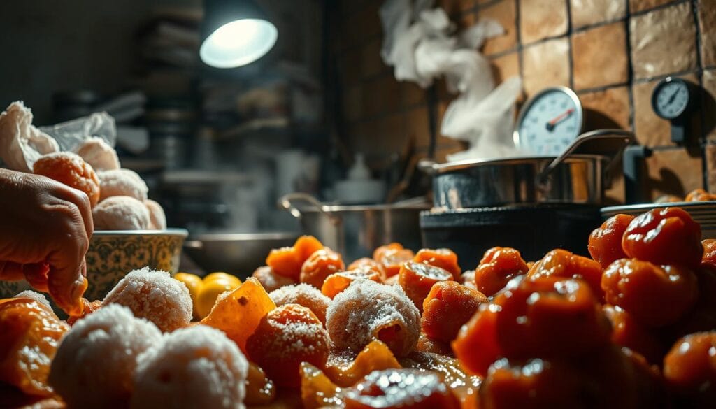An assortment of tanghulu preparation mistakes displayed in a detailed kitchen scene. In the foreground, undercooked sugar-coated haw fruit, sticky fingers, and a spilled bowl of syrup. In the middle ground, a bubbling pot of overcooking sugar and a messy workstation with cracked haw fruit. In the background, poor temperature control with a thermometer reading too low, and an uneven coating of the candied haws. Dramatic lighting from an overhead spotlight casts dynamic shadows, emphasizing the textural contrasts. A slightly desaturated color palette evokes a sense of culinary mishaps.