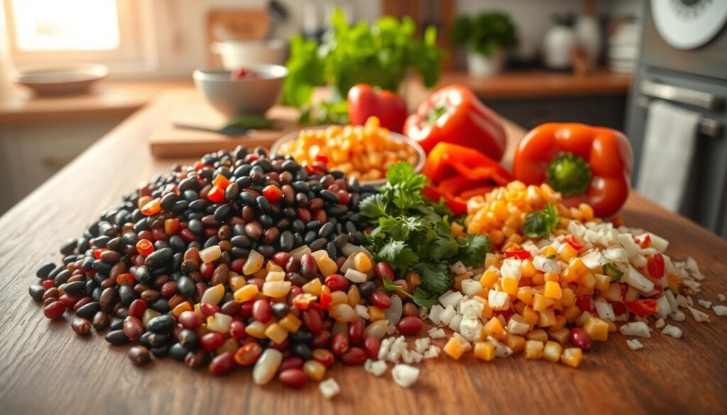 An overhead shot of a wooden table, illuminated by warm, natural light filtering through a window. In the foreground, a vibrant arrangement of ingredients for a dense bean salad - an assortment of colorful beans (red kidney, black, garbanzo), chopped onions, sliced bell peppers in red and green, freshly minced garlic, and sprigs of fragrant herbs like parsley and basil. The middle ground showcases neatly organized bowls, a cutting board, and a few kitchen utensils, hinting at the preparation process. The background gently fades into a soft, blurred kitchen setting, allowing the focus to remain on the fresh, flavorful components ready to be transformed into a delightful homemade bean salad.