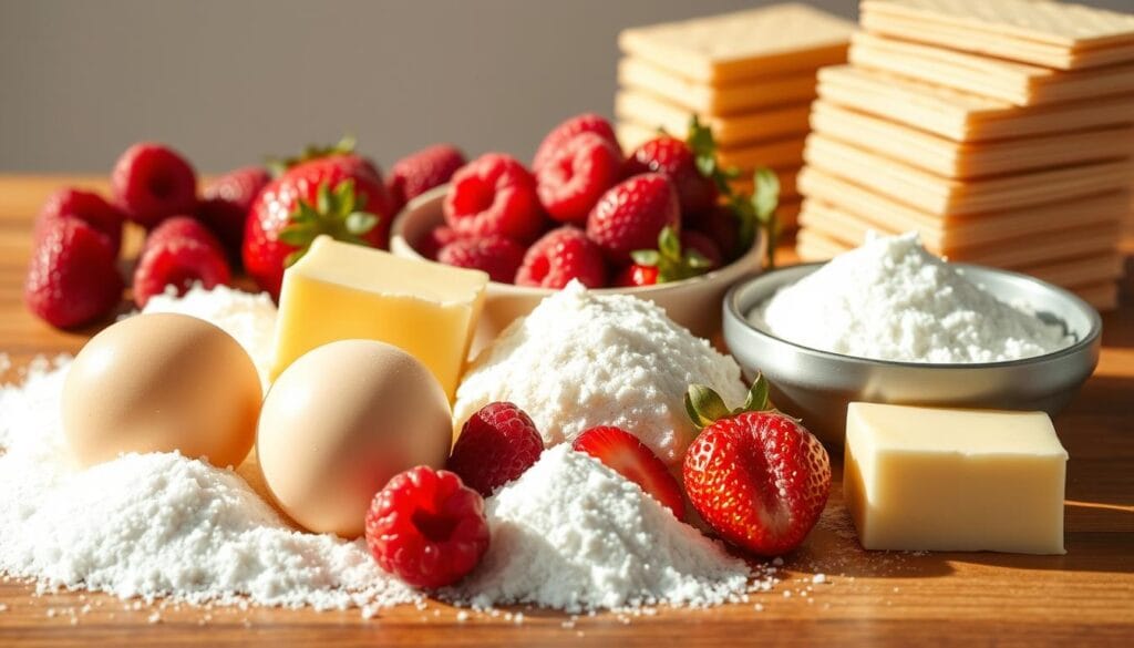 Arrangement of various ingredients for a charlotte cake, meticulously displayed on a wooden table. Soft, velvety textures of eggs, sugar, and butter in the foreground, with a selection of fresh fruits, such as raspberries and strawberries, adding pops of color in the middle ground. In the background, a stack of ladyfingers, the essential building blocks of the charlotte, set against a neutral backdrop that allows the ingredients to take center stage. Warm, natural lighting illuminates the scene, casting gentle shadows and highlighting the delicate details of each component. The overall composition conveys a sense of elegance and culinary inspiration, perfectly suited to illustrate the "Charlotte Cake Ingredients" section of the article. Arrangement of various ingredients for a charlotte cake, meticulously displayed on a wooden table. Soft, velvety textures of eggs, sugar, and butter in the foreground, with a selection of fresh fruits, such as raspberries and strawberries, adding pops of color in the middle ground. In the background, a stack of ladyfingers, the essential building blocks of the charlotte, set against a neutral backdrop that allows the ingredients to take center stage. Warm, natural lighting illuminates the scene, casting gentle shadows and highlighting the delicate details of each component. The overall composition conveys a sense of elegance and culinary inspiration, perfectly suited to illustrate the "Charlotte Cake Ingredients" section of the article.