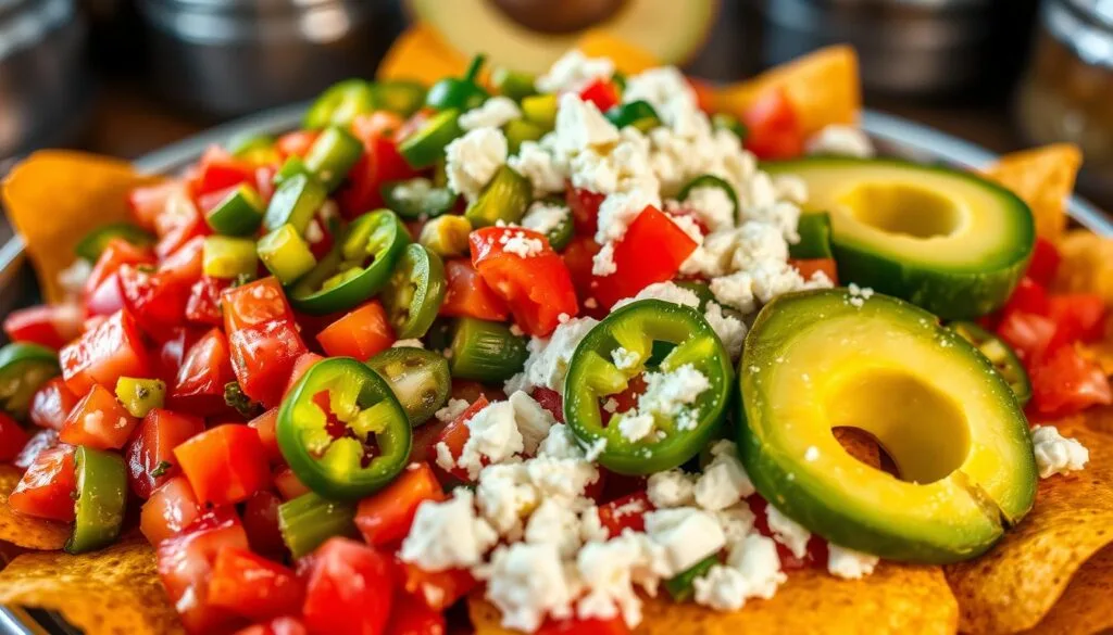Authentic nacho toppings: a vibrant mix of fresh diced tomatoes, crisp green bell peppers, tangy pickled jalapeños, creamy avocado slices, and a generous sprinkle of crumbled queso fresco. The ingredients are artfully arranged on a platter, bathed in warm, golden lighting that highlights their natural colors and textures. The scene has a rustic, homemade feel, with a slightly blurred background suggesting a cozy Mexican kitchen. The focus is on the delectable toppings, inviting the viewer to imagine building the perfect, flavor-packed nachos. Authentic nacho toppings: a vibrant mix of fresh diced tomatoes, crisp green bell peppers, tangy pickled jalapeños, creamy avocado slices, and a generous sprinkle of crumbled queso fresco. The ingredients are artfully arranged on a platter, bathed in warm, golden lighting that highlights their natural colors and textures. The scene has a rustic, homemade feel, with a slightly blurred background suggesting a cozy Mexican kitchen. The focus is on the delectable toppings, inviting the viewer to imagine building the perfect, flavor-packed nachos.