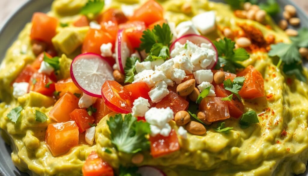 Creamy, vibrant guacamole topped with an array of fresh, flavorful ingredients. In the foreground, avocado chunks, diced tomatoes, minced onions, and chopped cilantro create a textural and color-rich display. The middle ground features crumbled feta cheese, crisp radish slices, and a drizzle of tangy lime juice. In the background, a scattering of toasted pepitas and a sprinkle of smoked paprika add depth and contrast. Soft, natural lighting casts gentle shadows, highlighting the smooth, creamy base and the vibrant pops of color from the toppings. The overall mood is fresh, zesty, and visually appetizing, inviting the viewer to imagine the flavors and textures of this creative guacamole.