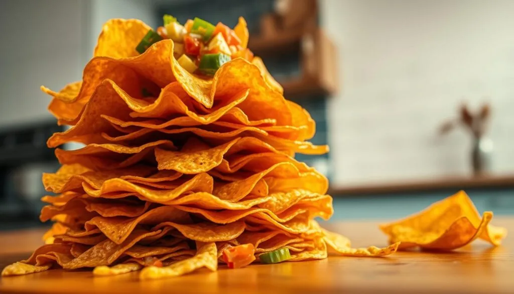 Crisp, golden tortilla chips stacked high, glistening with melted cheese and vibrant toppings. Warm, inviting lighting illuminates the scene, casting a cozy, appetizing atmosphere. A light breeze ruffles the chips, preventing them from becoming soggy or limp. The camera captures the dish from a low angle, emphasizing the layers of flavor and texture. In the background, a minimalist kitchen setting, clean and uncluttered, allows the nachos to be the star of the composition. The overall mood is one of mouthwatering anticipation, highlighting the importance of maintaining the perfect crunch and heat for an authentic Mexican nachos experience.