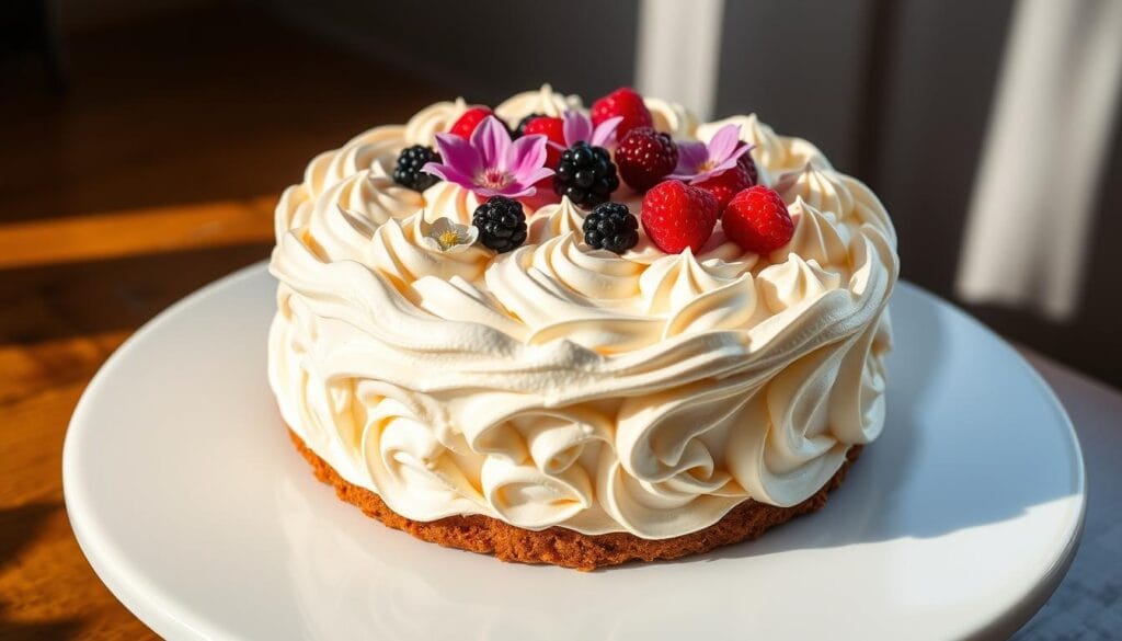 Decorative Charlotte cake with intricate piping, swirls, and dollops of rich cream frosting. The cake is presented on a glossy white platter, with a soft, natural lighting casting gentle shadows. Delicate edible flowers and fresh berries adorn the cake's surface, adding pops of color and a natural, elegant flourish. The scene is captured with a moderately wide-angle lens, emphasizing the cake's presentation and the overall artisanal feel. The mood is one of refined, mouthwatering temptation, inviting the viewer to indulge in the decadent dessert.