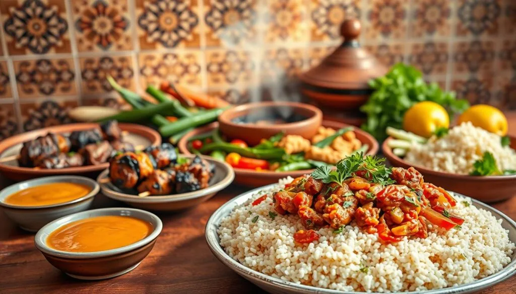 Elaborate Moroccan couscous dishes, arranged attractively on a rustic table. In the foreground, a large bowl of light, fluffy couscous grains topped with a vibrant, aromatic vegetable tagine, garnished with fresh herbs. Beside it, a small dish of creamy, lemony harissa sauce and a plate of grilled lamb skewers. In the middle ground, a clay tagine pot steaming with fragrant spices, surrounded by an assortment of colorful regional vegetables. The background features an earthy, tiled wall with intricate Moorish patterns, casting a warm, natural lighting across the scene. Overall, a mouthwatering display of the diverse flavors and textures of traditional Moroccan couscous cuisine.