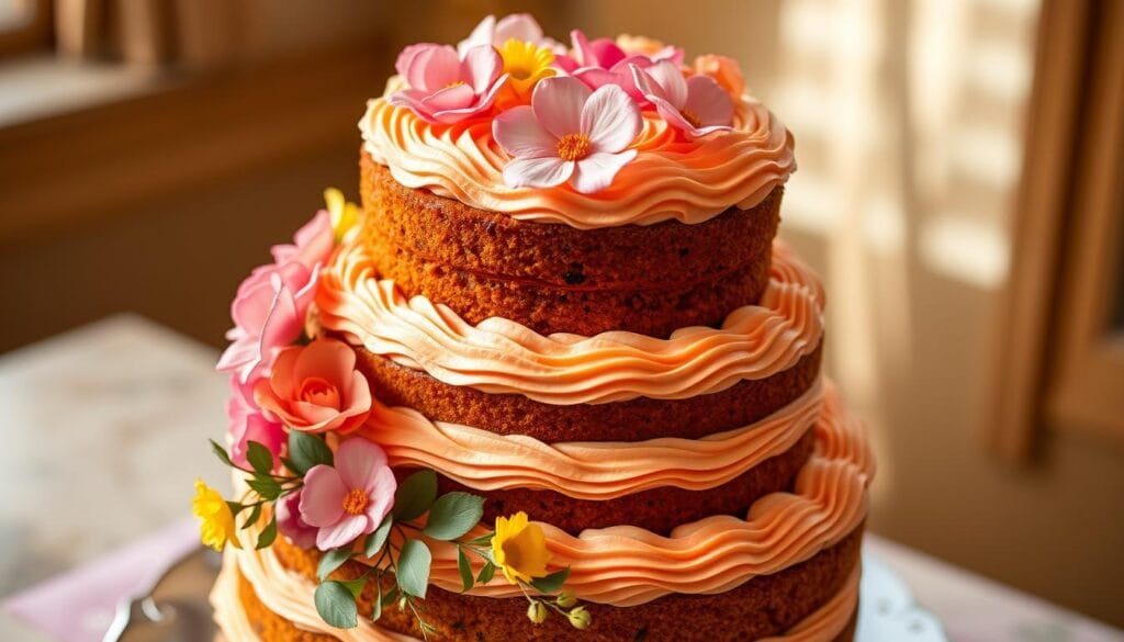 Elegant cake decoration ideas: a tiered carrot cake with intricate piped frosting swirls, adorned with delicate edible flowers in shades of pink and yellow, bathed in soft, warm lighting that casts a gentle glow, captured from a slightly elevated angle to showcase the cake's carefully crafted details and create an inviting, appetizing presentation that would elevate any homemade carrot cake.