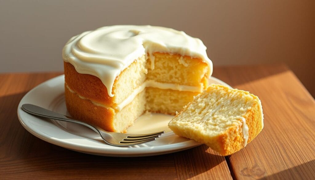 High resolution, hyper-realistic image of a delicious, freshly baked tres leches cake on a wooden table, with a white plate, a fork, and a slice of the cake on the plate. The cake is moist and fluffy, with a creamy white frosting on top and the three milk mixture soaking through the spongy layers. Warm natural lighting from the side casts a soft glow on the scene, highlighting the rich texture and glossy sheen of the cake. The table is set against a simple, neutral background that allows the cake to be the focal point. The overall mood is comforting, homemade, and appetizing, inviting the viewer to take a bite of the traditional, authentic tres leches dessert.