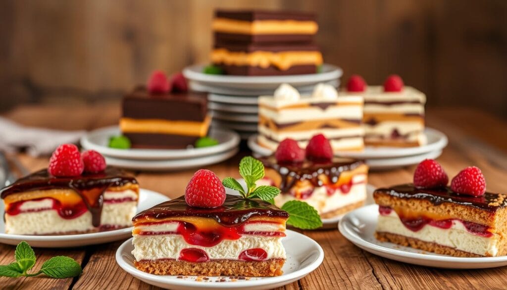 Luscious charlotte cake recipes displayed elegantly on a rustic wooden table. Mouthwatering slices of classic charlotte cake with fresh fruit garnishes, such as raspberries and mint leaves, arranged in the foreground. In the middle ground, a stack of neatly plated charlotte cake variations, including chocolate, caramel, and tiramisu flavors. The background features a soft, warm lighting that casts a cozy, inviting atmosphere, highlighting the rich textures and vibrant colors of the delectable desserts.
