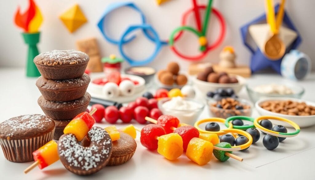 Olympics food ideas: A vibrant spread of colorful, playful snacks and treats on a white tabletop, captured in soft, natural lighting. In the foreground, a stack of chocolate muffins with a dusting of powdered sugar, alongside fresh fruit skewers in the Olympic rings colors. In the middle ground, an assortment of energy bars, protein balls, and healthy dips and spreads. In the background, geometric origami shapes resembling the Olympic torch and medals, creating a celebratory atmosphere. The overall scene evokes a sense of athletic achievement, festivity, and nutritious fuel for the games.