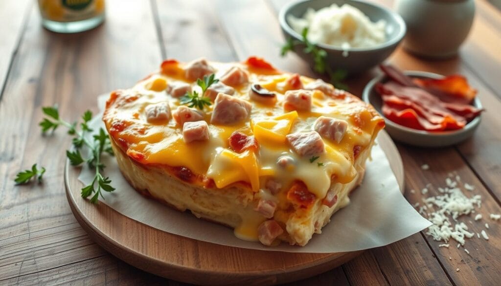 A beautifully crafted breakfast casserole sits on a rustic wooden table, its golden-brown crust glistening in the soft morning light. The creamy, savory filling is studded with tender chunks of ham, fluffy eggs, and melted cheddar cheese, creating a mouthwatering centerpiece. Surrounding the casserole are fresh herbs, a few slices of crisp bacon, and a sprinkle of grated parmesan, hinting at the delicious flavors within. The scene exudes a warm, homey atmosphere, inviting the viewer to imagine the comforting aroma and satisfying taste of this easy, yet impressive breakfast dish. A beautifully crafted breakfast casserole sits on a rustic wooden table, its golden-brown crust glistening in the soft morning light. The creamy, savory filling is studded with tender chunks of ham, fluffy eggs, and melted cheddar cheese, creating a mouthwatering centerpiece. Surrounding the casserole are fresh herbs, a few slices of crisp bacon, and a sprinkle of grated parmesan, hinting at the delicious flavors within. The scene exudes a warm, homey atmosphere, inviting the viewer to imagine the comforting aroma and satisfying taste of this easy, yet impressive breakfast dish.