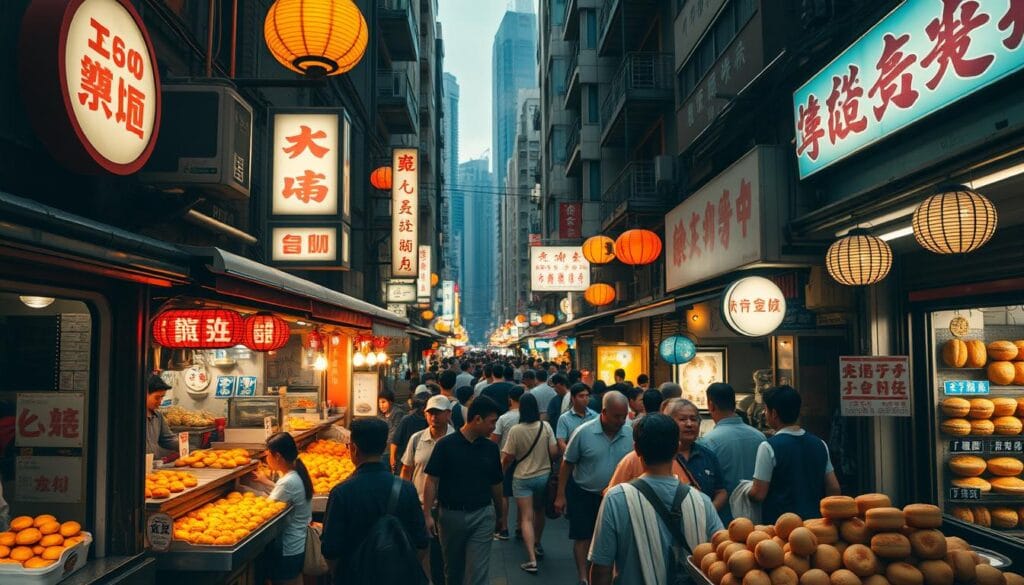 A bustling Hong Kong street scene, dimly lit by warm neon signs and lanterns. In the foreground, a variety of popular street foods are on display: steaming hot egg tarts, crispy sesame balls, savory pork buns, and fragrant curry fish balls. The middle ground features a lively crowd of locals and tourists, weaving through the narrow alleyways and stopping to purchase their favorite snacks from the vibrant street stalls. In the background, a mix of traditional architecture and modern high-rises creates an atmospheric urban landscape, hinting at the rich culinary heritage of this dynamic city. The scene is captured with a cinematic, slightly moody lighting, creating a sense of authenticity and inviting the viewer to immerse themselves in the lively street food culture. A bustling Hong Kong street scene, dimly lit by warm neon signs and lanterns. In the foreground, a variety of popular street foods are on display: steaming hot egg tarts, crispy sesame balls, savory pork buns, and fragrant curry fish balls. The middle ground features a lively crowd of locals and tourists, weaving through the narrow alleyways and stopping to purchase their favorite snacks from the vibrant street stalls. In the background, a mix of traditional architecture and modern high-rises creates an atmospheric urban landscape, hinting at the rich culinary heritage of this dynamic city. The scene is captured with a cinematic, slightly moody lighting, creating a sense of authenticity and inviting the viewer to immerse themselves in the lively street food culture.