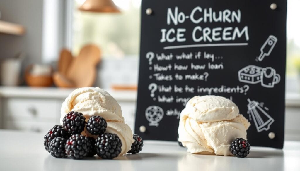 A chalkboard-style illustration of a "No-Churn Ice Cream FAQ" section. In the foreground, a clean white countertop with a scoop of creamy, homemade-looking ice cream and fresh blackberries. Behind it, a simple black chalkboard with chalk-drawn icons and text answering common questions about no-churn ice cream preparation, such as "What is no-churn ice cream?", "How long does it take to make?", and "What ingredients are needed?". The background is a soft, blurred kitchen scene with natural lighting, creating a cozy, inviting atmosphere. The overall style is hand-drawn and artisanal, complementing the homemade ice cream theme.