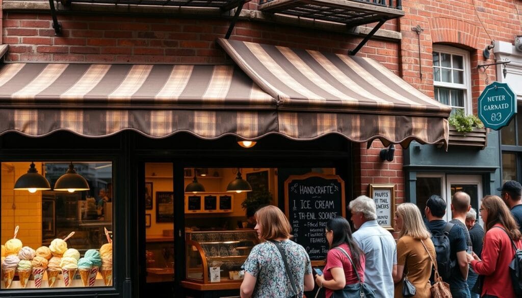 A charming artisanal ice cream shop nestled in a quaint urban setting, its exterior adorned with a vintage-inspired awning and intricate brickwork. The storefront windows display an array of vibrant, handcrafted ice cream flavors, enticing passersby with their artisanal appeal. Inside, the cozy atmosphere is enhanced by warm lighting, reclaimed wood furnishings, and a chalkboard menu showcasing the shop's homemade specialties. Customers queue patiently, eagerly anticipating the perfect scoop of creamy, locally-sourced goodness, crafted with passion and attention to detail. The overall scene evokes a sense of rustic elegance and a celebration of the art of small-batch ice cream making. A charming artisanal ice cream shop nestled in a quaint urban setting, its exterior adorned with a vintage-inspired awning and intricate brickwork. The storefront windows display an array of vibrant, handcrafted ice cream flavors, enticing passersby with their artisanal appeal. Inside, the cozy atmosphere is enhanced by warm lighting, reclaimed wood furnishings, and a chalkboard menu showcasing the shop's homemade specialties. Customers queue patiently, eagerly anticipating the perfect scoop of creamy, locally-sourced goodness, crafted with passion and attention to detail. The overall scene evokes a sense of rustic elegance and a celebration of the art of small-batch ice cream making.