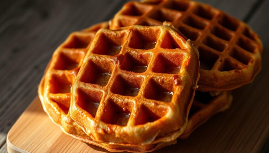 A close-up photograph of freshly made Belgian waffles with a crisp, golden-brown exterior and a soft, fluffy interior. The waffles are glistening with a light sheen, indicating they were cooked to perfection. The waffles are arranged on a rustic wooden surface, with a neutral background that allows the waffles to be the focal point. The lighting is warm and natural, creating shadows that accentuate the texture and depth of the waffles. The camera angle is slightly elevated, giving the viewer a tantalizing perspective of the waffles. The overall mood is inviting and mouthwatering, capturing the essence of a delicious, homemade Belgian waffle experience. A close-up photograph of freshly made Belgian waffles with a crisp, golden-brown exterior and a soft, fluffy interior. The waffles are glistening with a light sheen, indicating they were cooked to perfection. The waffles are arranged on a rustic wooden surface, with a neutral background that allows the waffles to be the focal point. The lighting is warm and natural, creating shadows that accentuate the texture and depth of the waffles. The camera angle is slightly elevated, giving the viewer a tantalizing perspective of the waffles. The overall mood is inviting and mouthwatering, capturing the essence of a delicious, homemade Belgian waffle experience.