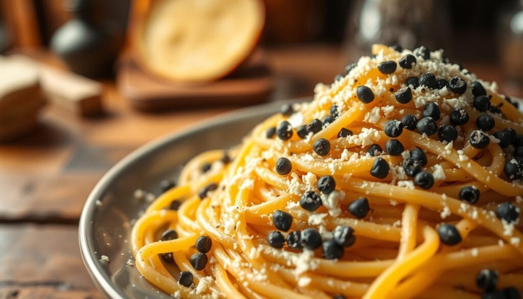 A close-up shot of a steaming plate of cacio e pepe, the classic Roman pasta dish. In the foreground, freshly grated Pecorino Romano cheese and cracked black peppercorns are scattered atop al dente strands of spaghetti, creating a mouthwatering display of the dish's signature flavors. The mid-ground features a wooden table with a simple, rustic setting, highlighting the uncomplicated yet delicious nature of this traditional recipe. The background is softly blurred, keeping the focus on the vibrant colors and textures of the pasta. Warm, natural lighting casts a cozy glow, evoking the comforting appeal of this beloved Italian comfort food. The overall composition and attention to detail invite the viewer to imagine the satisfying taste and texture of this authentic cacio e pepe.